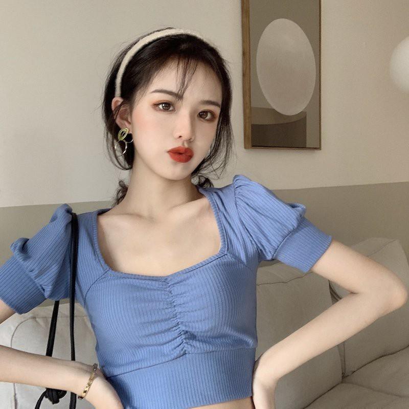 Áo Croptop Nữ Tay Ngắn Ôm Body SANMAY Áo Thun Croptop Tay Phồng Cổ Vuông Đẹp, Kiểu Ulzzang Sexy 5 Màu Đen Trắng AO012