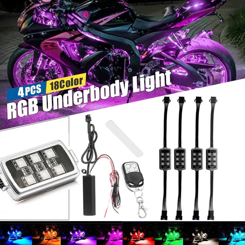 Đèn khí quyển trên ô tô 4 Đèn phanh thông minh RGB 24 LED Đèn khí quyển cho xe máy với điều khiển từ xa không dây Bộ đèn dải trang trí Moto