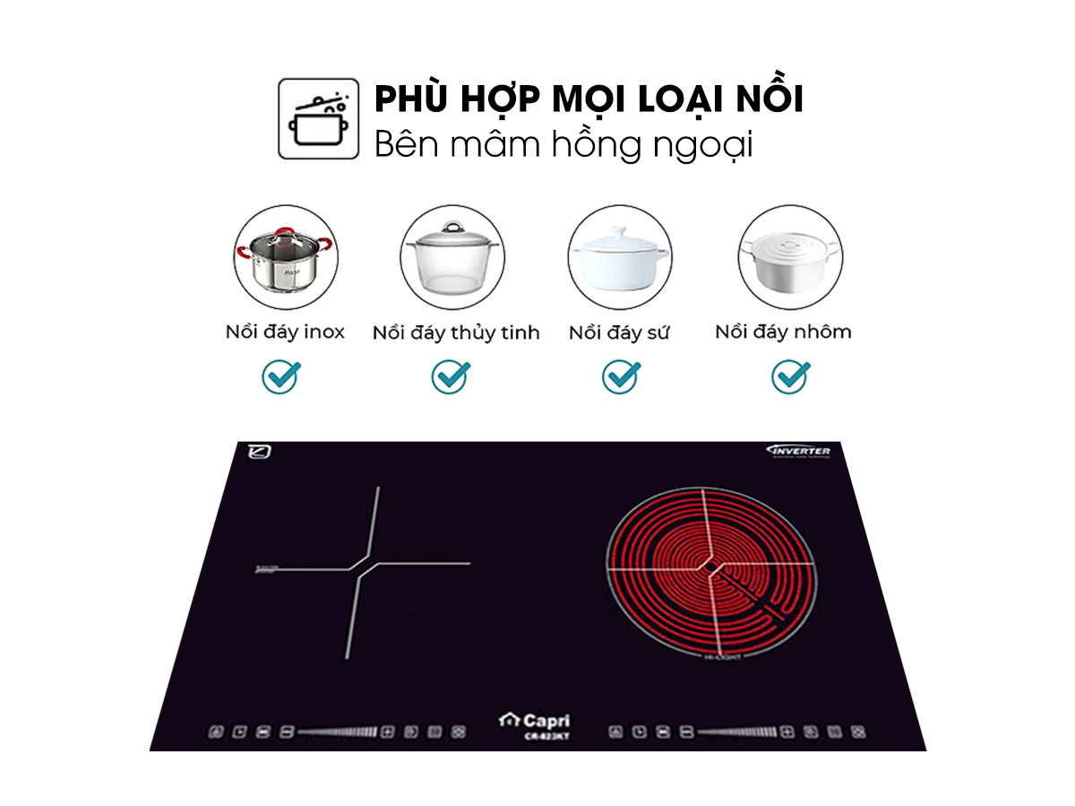 Bếp điện Từ - Hồng ngoại cao cấp Capri CR-823KT, Hàng chính hãng, nhập khẩu trực tiếp Thái Lan
