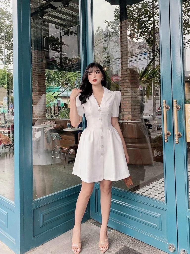 ĐẦM XÒE CỔ VEST PHỐI NÚT TAY PHỒNG 11494