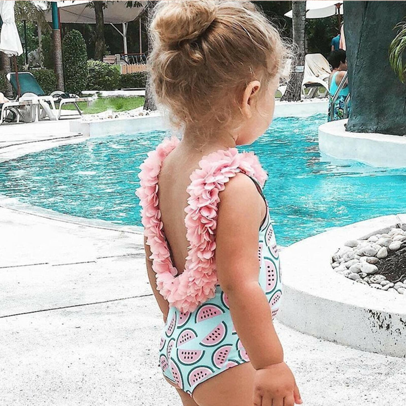 One-Piece Baby Girl Swimsuit Watermelon 6-24 Months 2-4 Years Infant Toddler Swimwear Bikini Bathing Suit with Floral Decorative V Neck