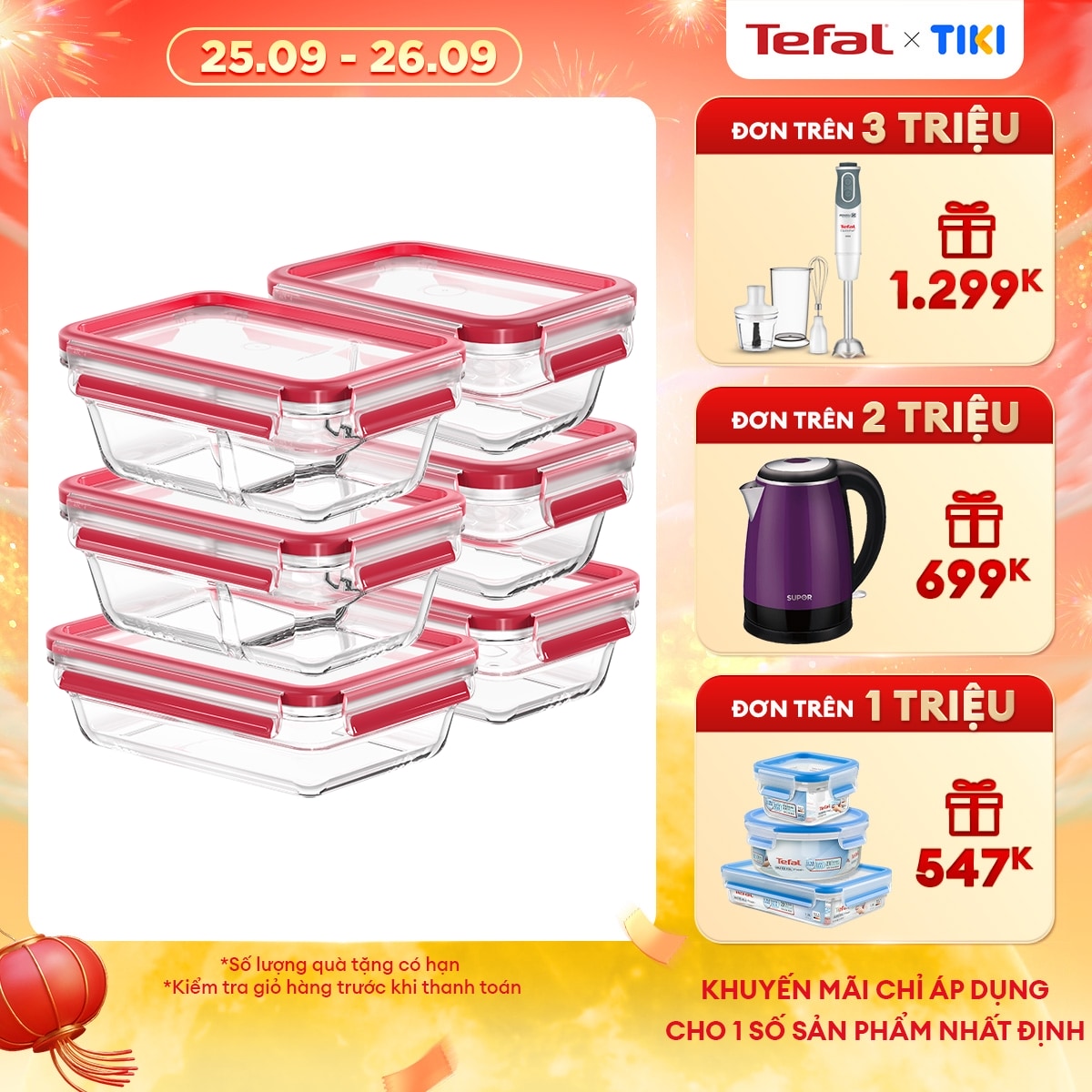 Bộ 5 hộp thủy tinh vuông Tefal Masterseal Glass 450ml x 2, 700ml, 800ml, 1.1L  - đỏ