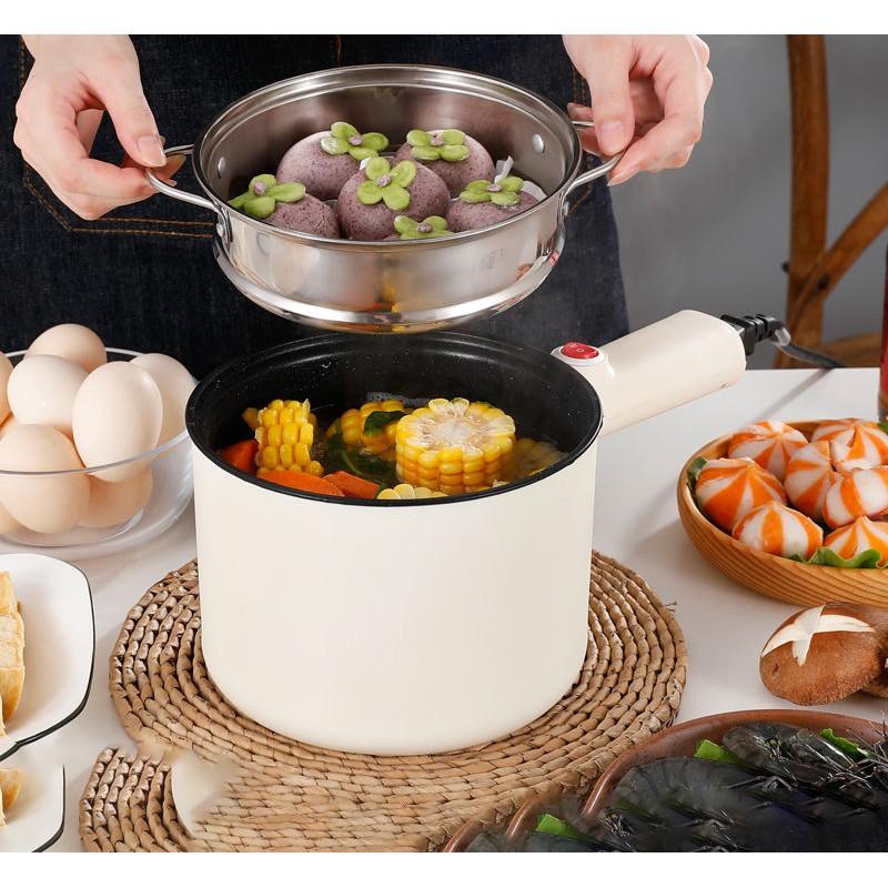 Nồi Lẩu Điện Mini 2 NẤC NHIỆT Đa Năng Tay Cầm Dài 18cm, Chống Dính Vân Đá, Kèm Giá Hấp Nhựa - Ca Nấu Mì, Lẩu, Chiên, Sào