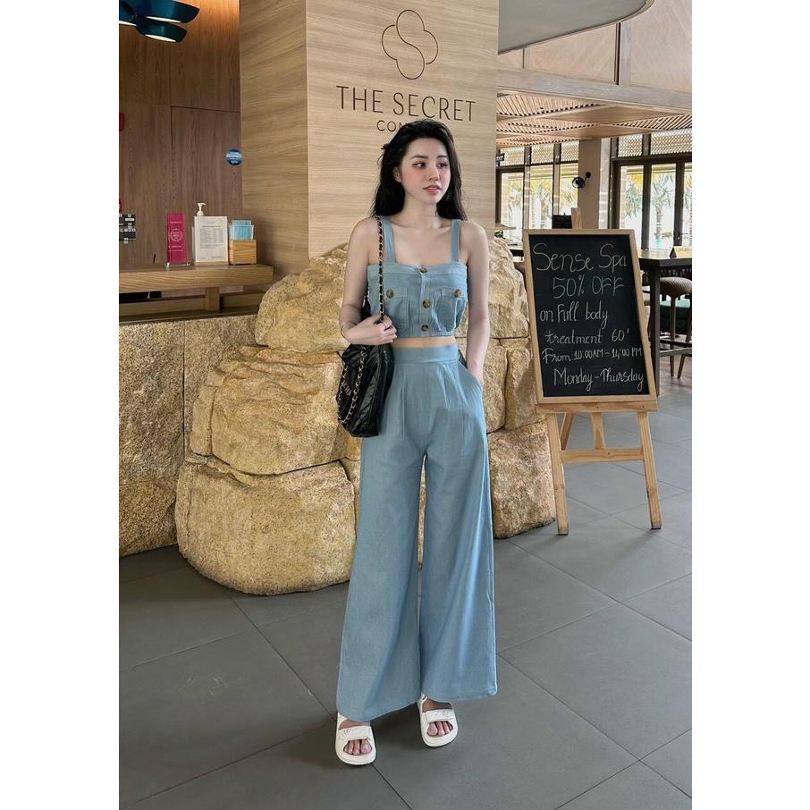 SET BỘ ĐI CHƠI, SET 2 MÓN ÁO ỐNG CROPTOP 2 DÂY PHỐI QUẦN SUÔNG ỐNG RỘNG CỰC NĂNG ĐỘNG