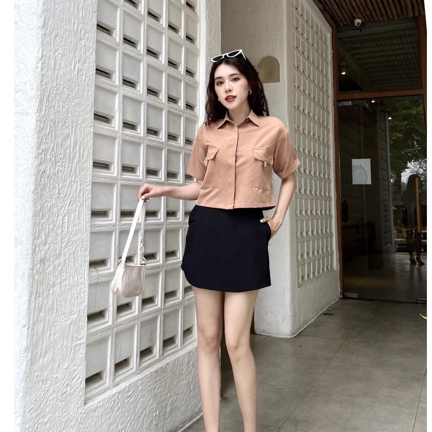Áo sơ mi croptop ngắn tay phom rộng cá tính