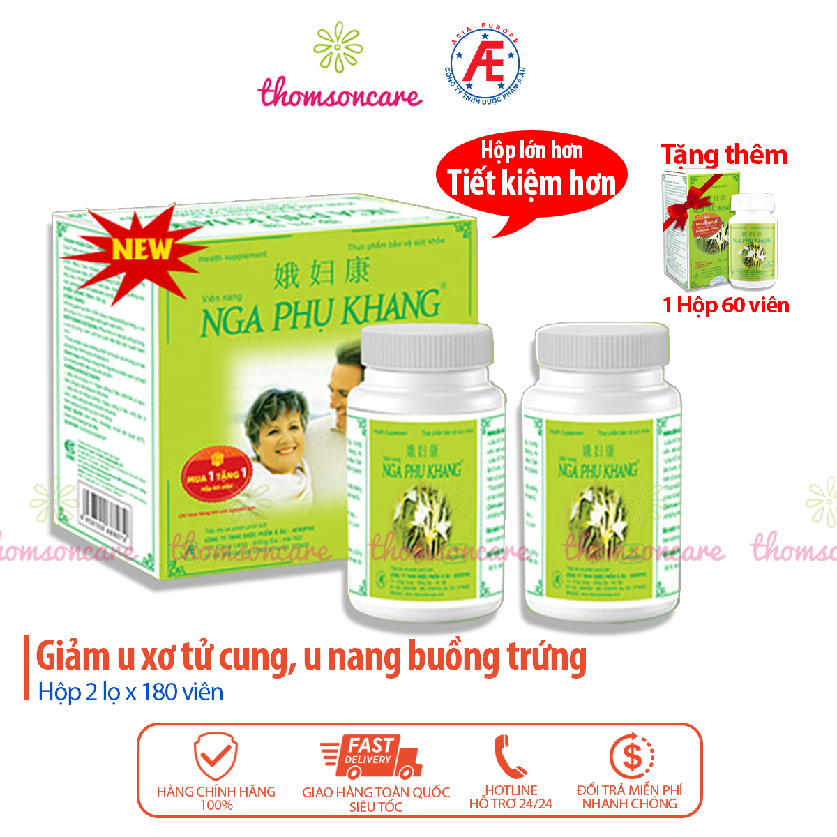 Viên uống Nga Phụ Khang - Mẫu mới dạng lọ tiết kiệm hơn - Giảm U xơ tử cung, u nang buồng trứng từ cây Trinh nữ