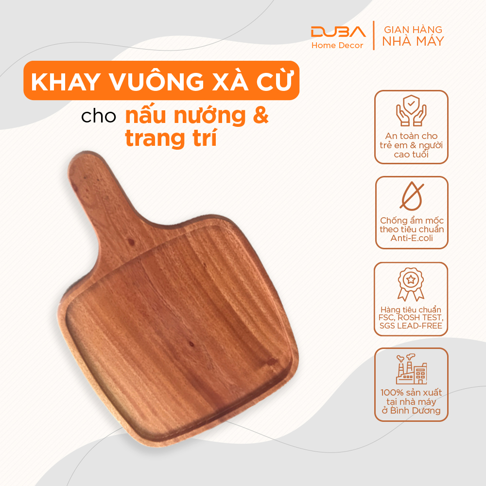 Khay gỗ decor, thớt gỗ trang trí hình vuông có tay cầm màu tự nhiên đạt chuẩn xuất khẩu - DUBA