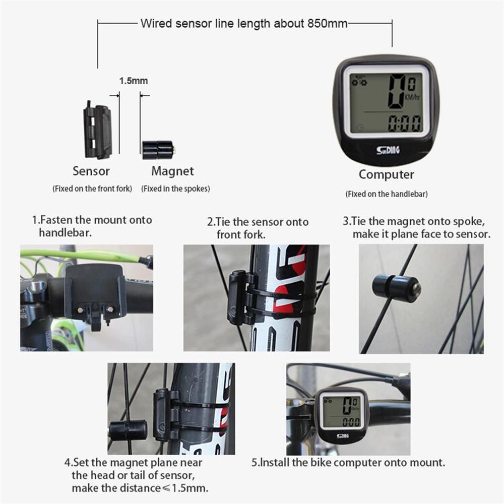Máy đo tốc độ đi xe đạp có dây SunDing Màn hình LCD cho xe đạp leo núi với đèn nền màu xanh lá cây