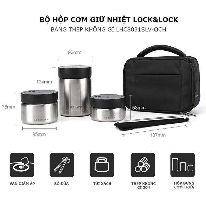 Bộ hộp cơm giữ nhiệt Lock&amp;Lock 3 ngăn LHC8031SLV - Hàng chính hãng, có nút thoát hơi điều chỉnh - Hapos