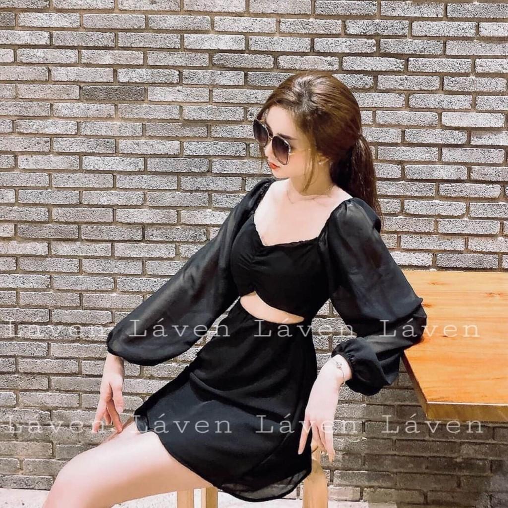 Đầm voan hở ngực tay phồng xinh lung linh