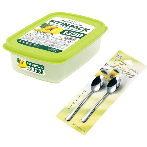 Combo hộp nhựa đựng thực phẩm Fitin Pack nắp dẻo 1350ml + 2 thìa inox Twins nội địa Nhật Bản