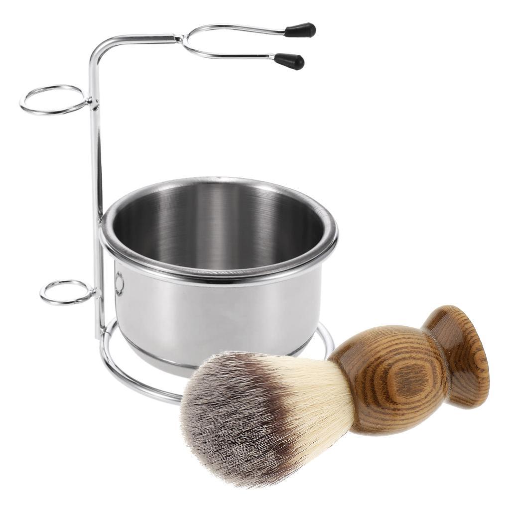 3pcs Men's Wood Shaving Brush Metal Bowl Cup Mug Stand Holder Set Kit