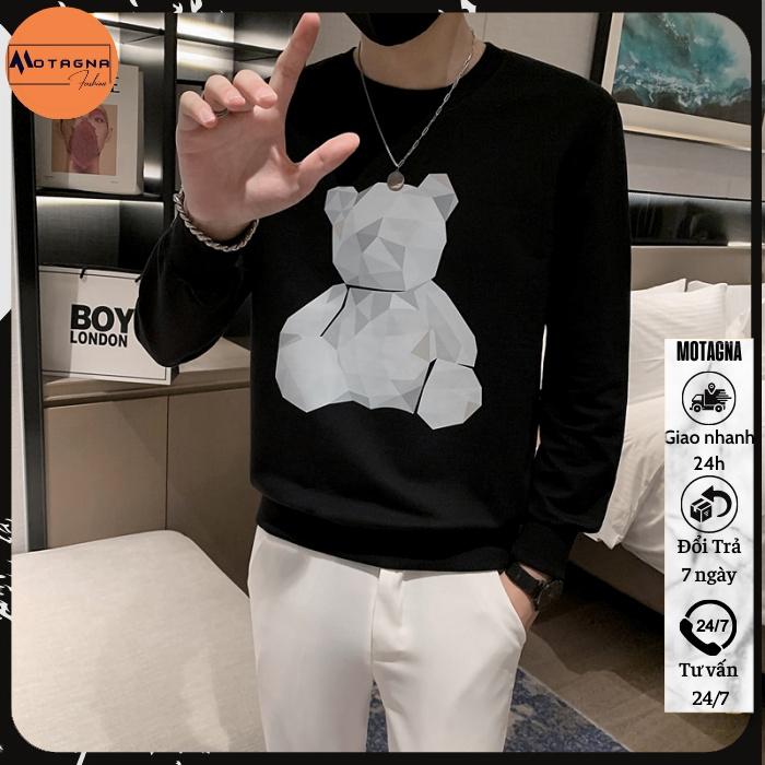 Áo sweater nam cổ tròn, Áo thu đông nam tay dài cổ tròn dáng ôm in Gấu Xếp mã NZ812