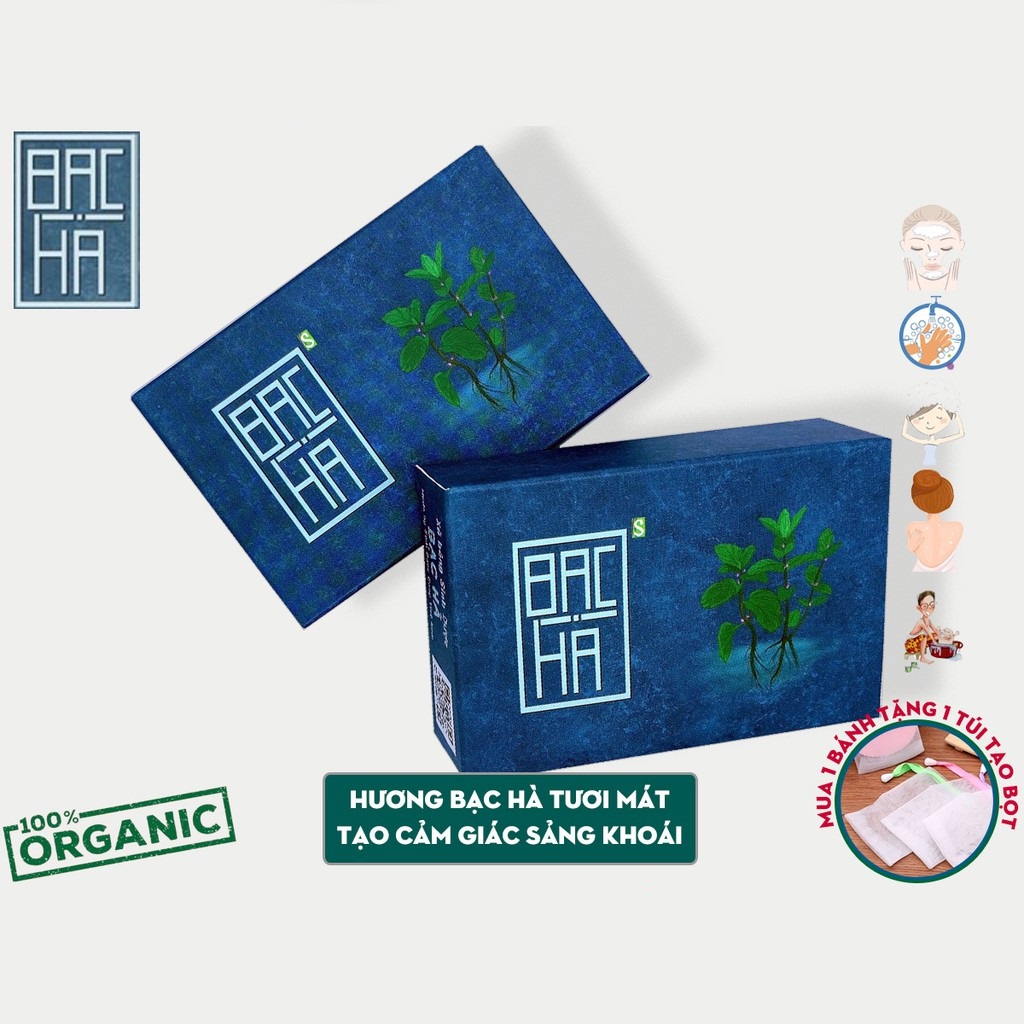 Xà bông Sinh Dược Bạc hà, xà bông cục handmade 100gr, mẫu bao bì vẽ mộc, mùi bạc hà thơm mát, làm sạch diệt khuẩn, mát da