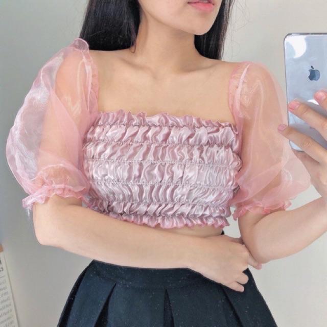 Áo croptop phối voan kiến tay phồng bo nhún co giản tốt