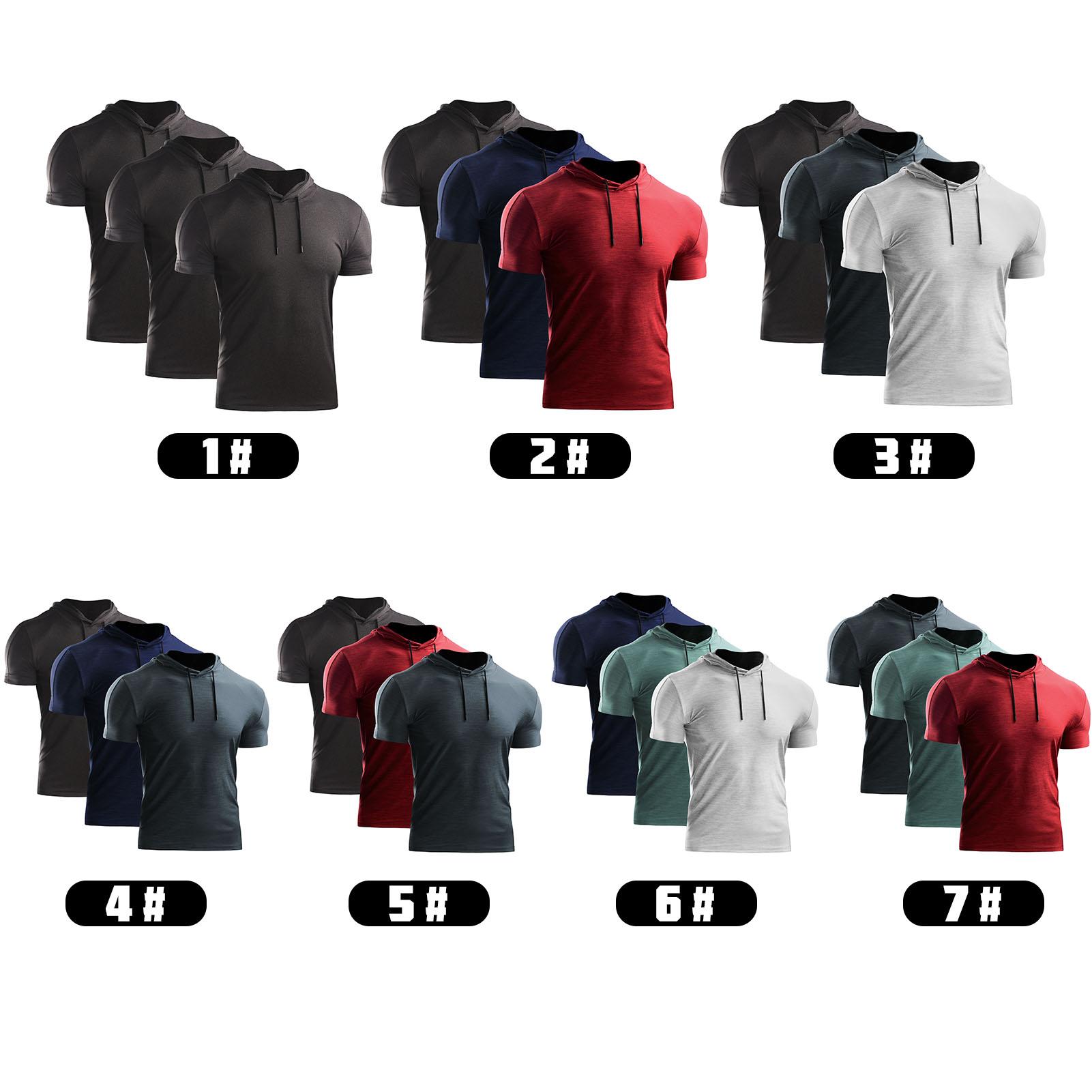 Set gồm 3 áo thun thể thao mùa hè dành cho nam giới, có mũ trùm đầu, tay ngắn, nhanh khô, thoáng khí