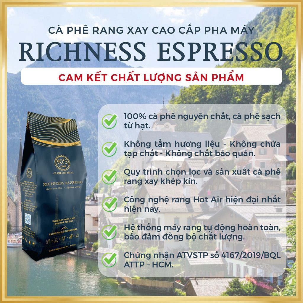 Cà Phê Bột Rang Xay Thượng Hạng | RICHNESS ESPRESSO | 90S Coffee | Gu Café Chuẩn Vị Châu Âu Dành Riêng Cho Giới Thượng Lưu &amp; Quý Tộc | Cà Phê Pha Máy Cao Cấp