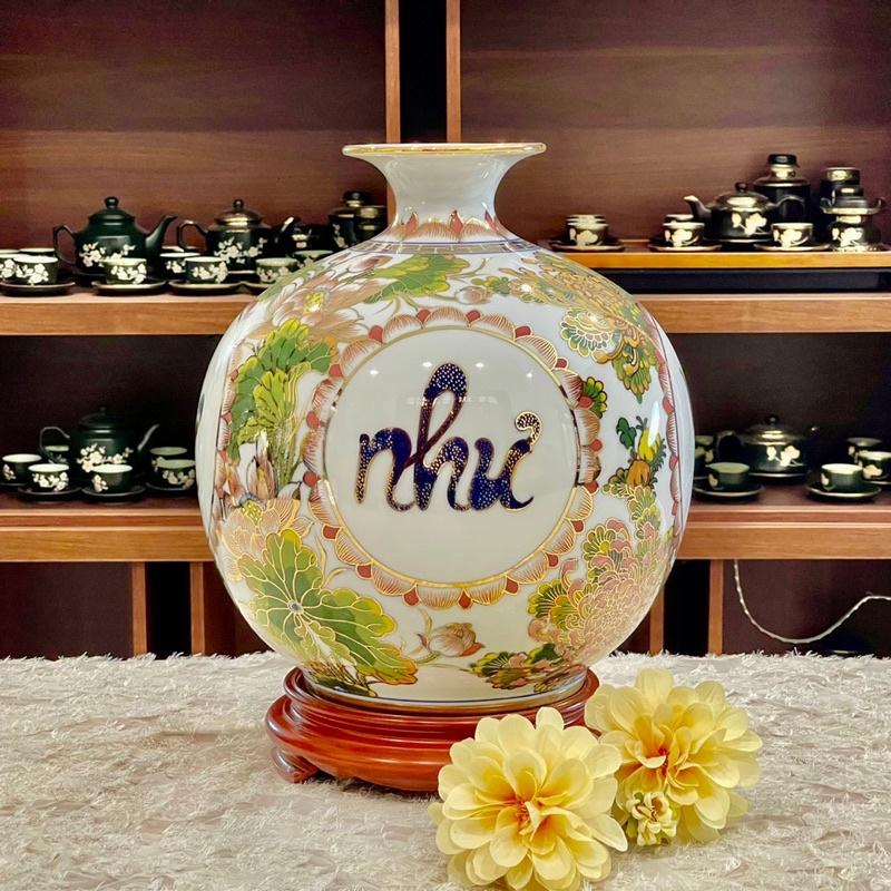 Bình hút tài Lộc vẽ thủ công vàng kim 24K. Gốm sứ Bát Tràng cao cấp.