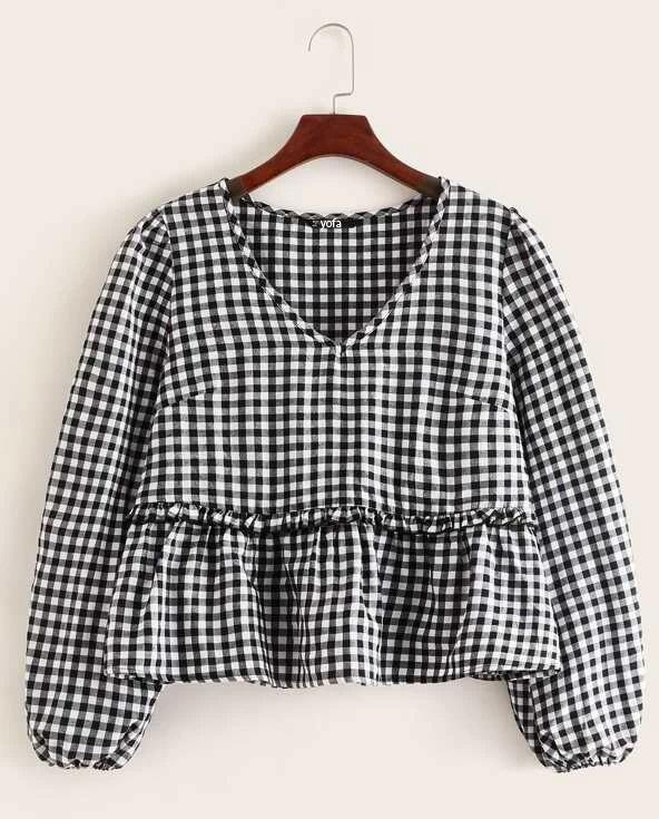 Áo Peplum Tay Dài Sọc Caro