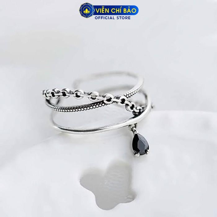 Nhẫn bạc nữ xích trơn chéo đính đá đen chất liệu bạc Thái S925 trẻ trung cá tính thương hiệu Viễn Chí Bảo N000277