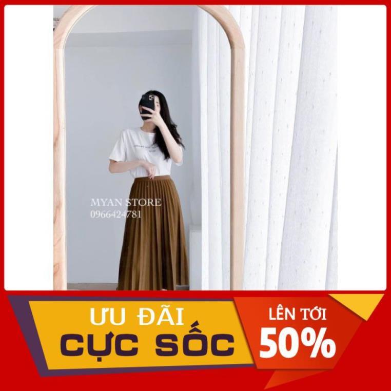 SET ÁO THUN CHỮ TRẮNG MIX CHÂN VÁY XẾP LY NÂU