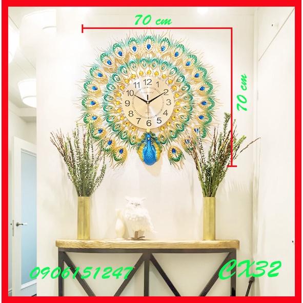 Đồng hồ treo tường trang trí decor chim công CX32 Khổng Tước xanh kích thước 70 x 70 cm