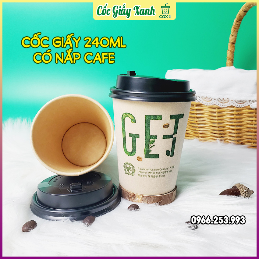 Set 50 CỐC GIẤY XANH CÓ NẮP 240ml In Chữ GET Màu Nâu Cafe Siêu Đẹp, Lịch Sự