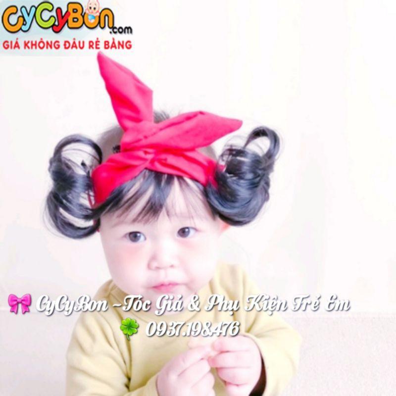 Băng Đô Turban Tóc Giả Cho Bé Nơ Đỏ Quấn - Kèm Mái và Búi Tóc 2 Bên !