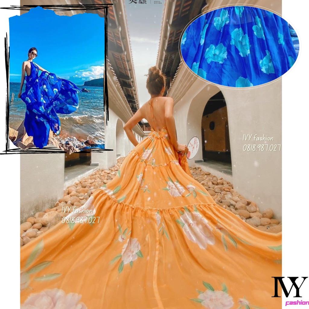 Đầm maxi hoa lụa tơ 3D màu vàng xanh cổ yếm đi biển đi biển dự tiệc dạo phố bigsize gợi cảm sexy