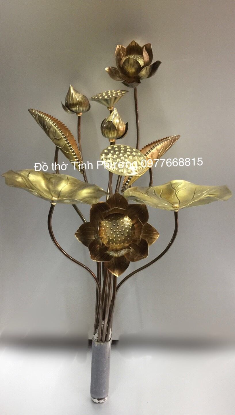 Đôi Hoa sen Thờ bằng đồng hun màu (1 bộ 10 bông) bao gồm cả lọ hoa men rạn công đào cao 25cm TM121160