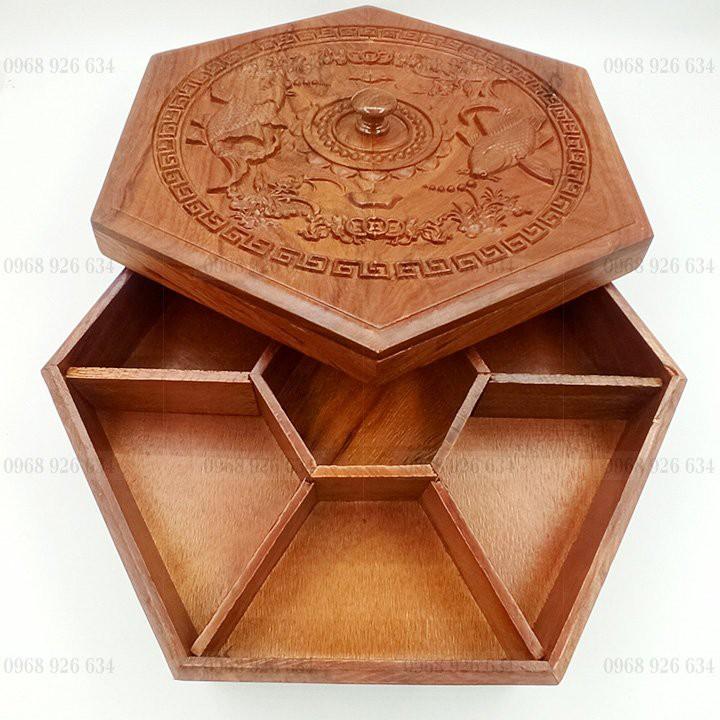 Khay đựng bánh kẹo ngày Tết bằng gỗHộp đựng bánh kẹo Tết bằng gỗ hương cao cấp, trạm song ngư, hình lục giác