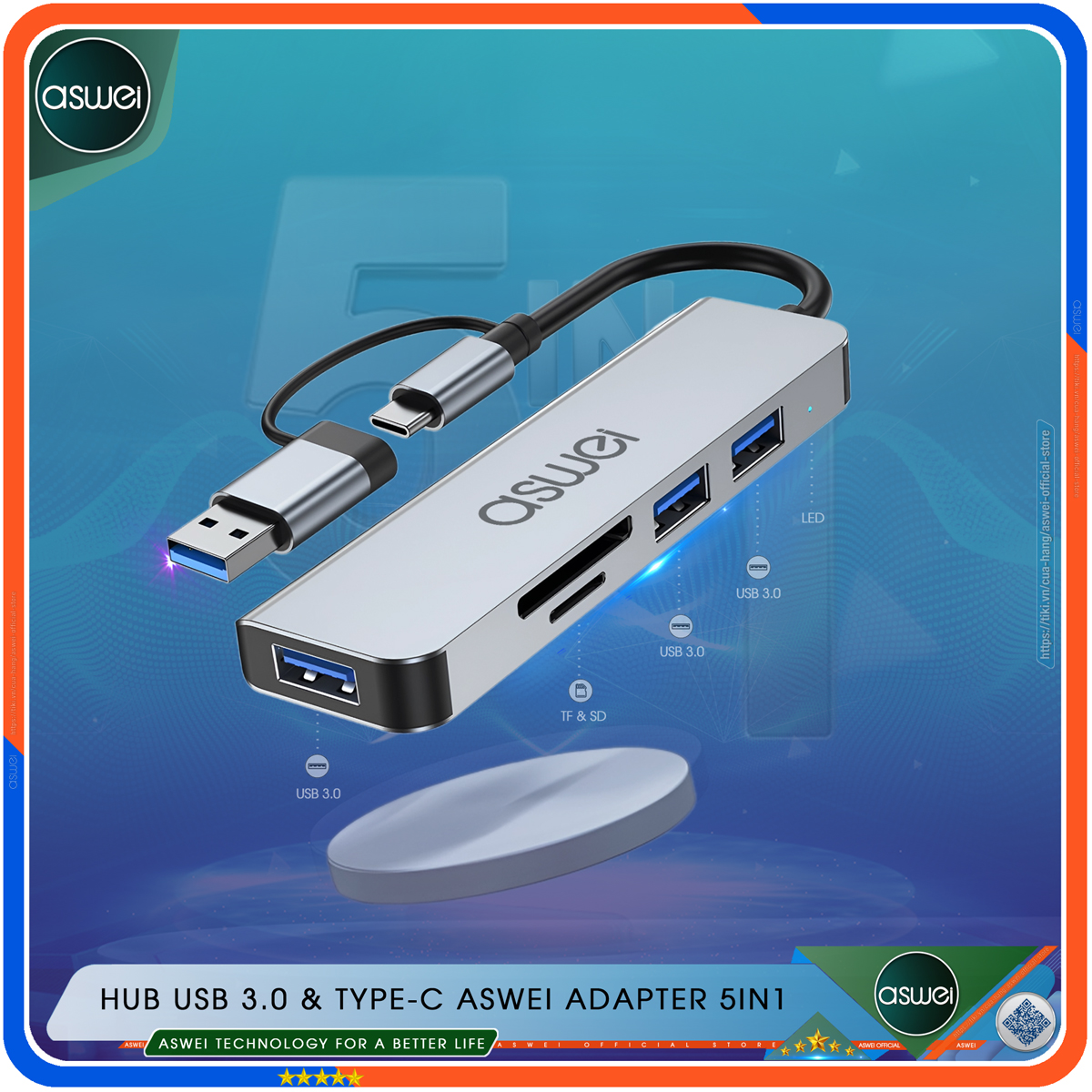 Hub USB 3.0 ASWEI 5 in 1 - Bộ Chia USB Tốc Độ Cao 5 Trong 1 To USB 3.0, Đầu Đọc Thẻ SD TF - Hub Chuyển Đổi USB Type-C Dành Cho Macbook, Laptop, PC, Máy Tính Bảng, Điện Thoại - Hàng Chính Hãng