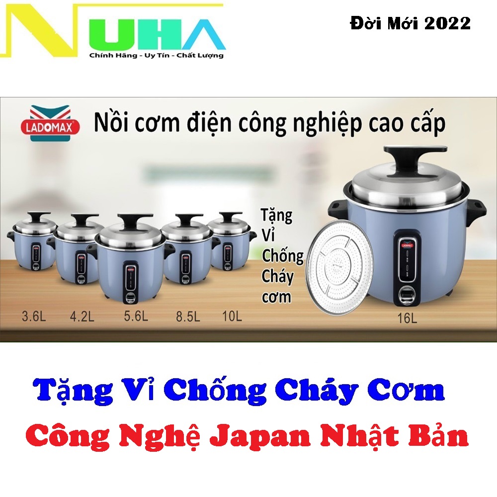 Nồi cơm điện công nghiệp Ladomax Nhật dung tích 3.6/4.2/5.6/8.5/10/16L kèm vỉ hấp chống cháy cơm-Hàng chính hãng