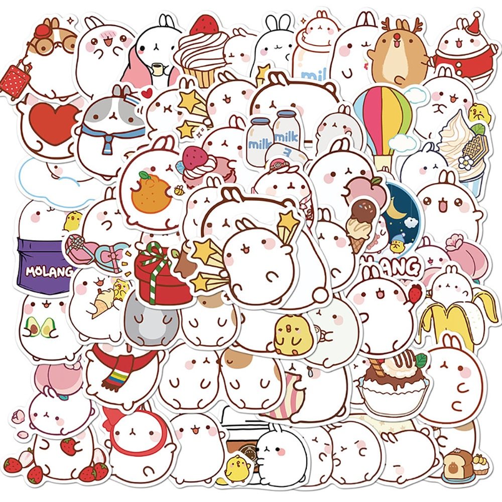 Set 60 Sticker Thỏ molang ảnh decal hình dán ép lụa