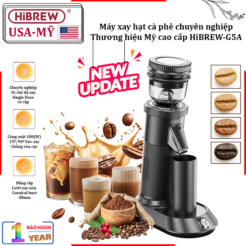 HÀNG CHÍNH HÃNG - Máy xay hạt cà phê chuyên nghiệp Single Dose, tích hợp 36 chế độ xay. Thương hiệu Mỹ cao cấp HiBREW-G5A