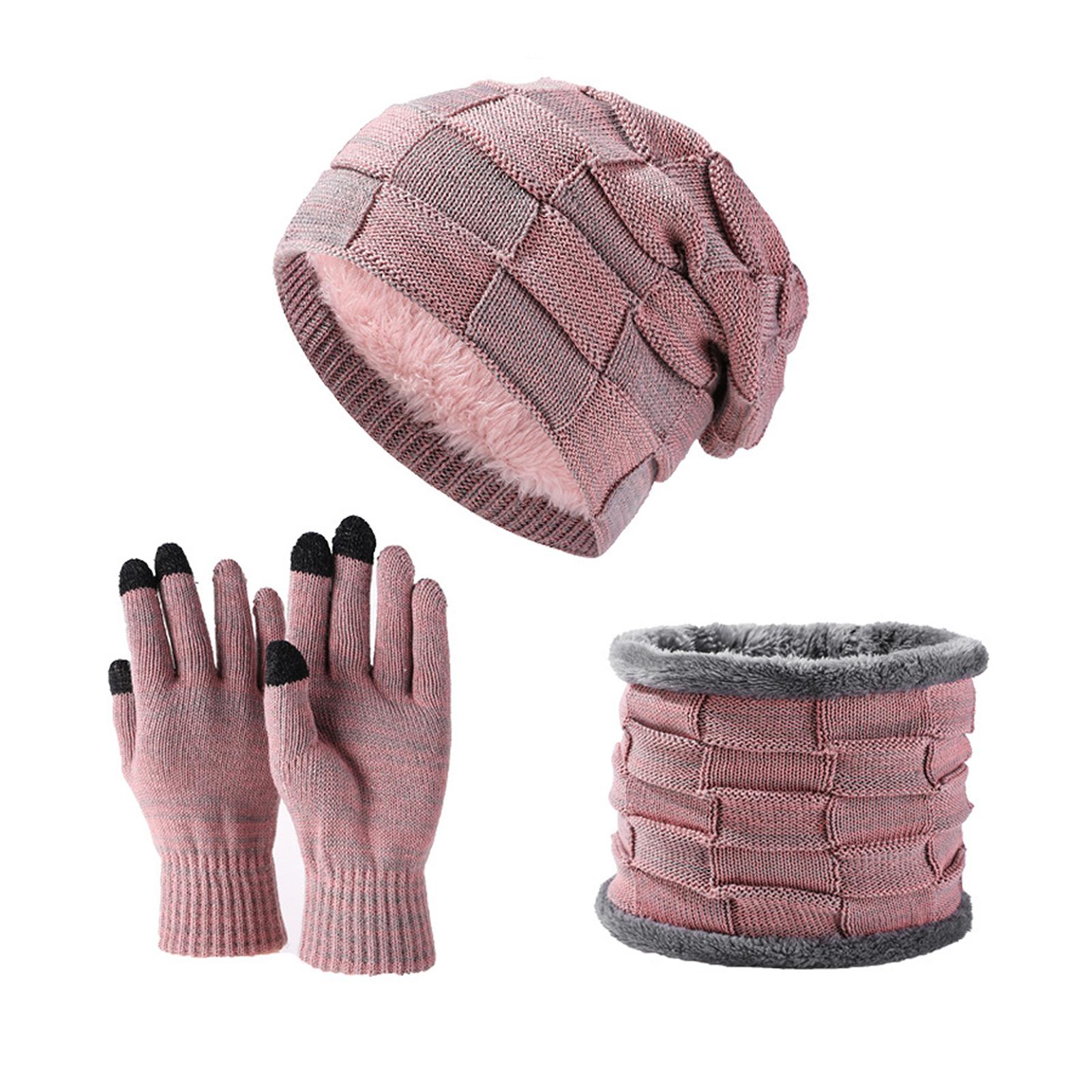 Winter Knitted Beanie Hat and Scarf Gloves Set Thick Fleece Lined Warm Cap Neck Warmer Touchscreen Gloves for Men Women