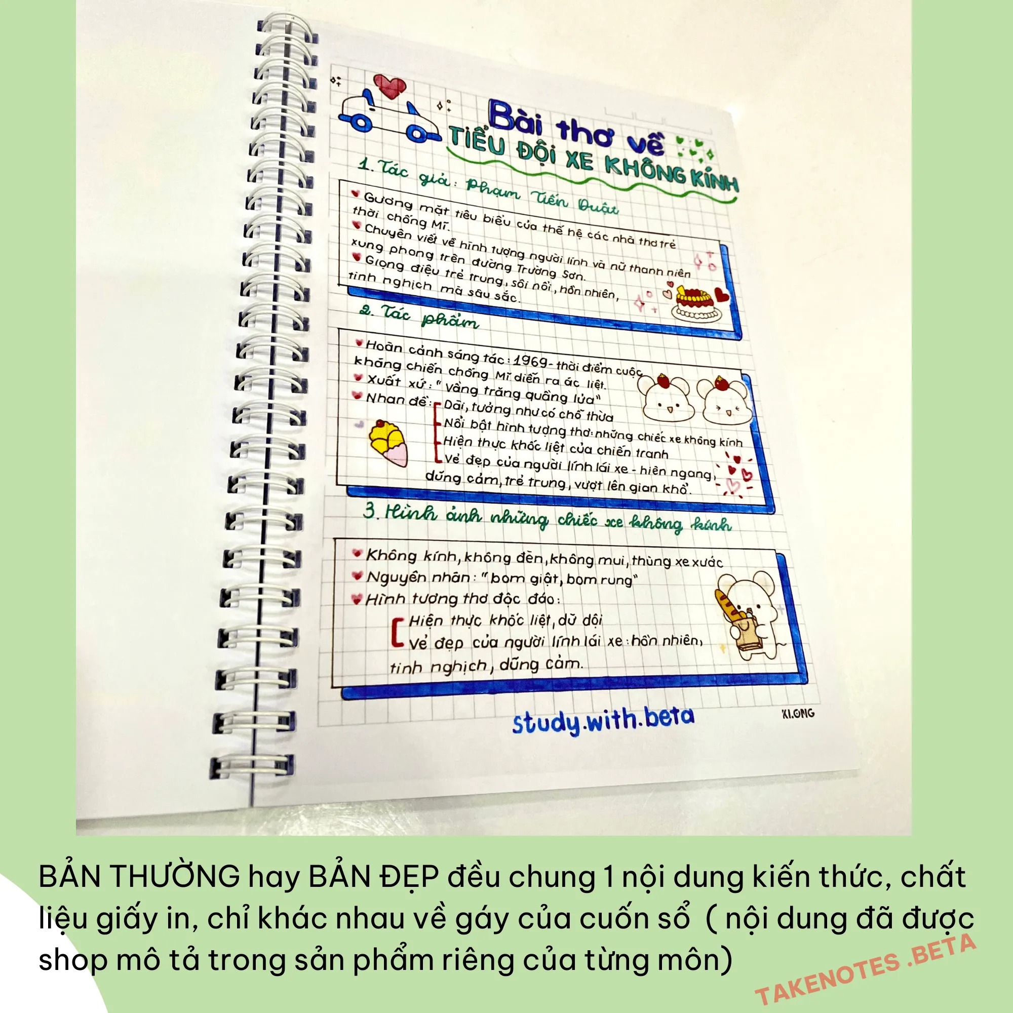 Sổ Takenote Văn 9 tổng hợp công thức trang trí sticker dễ hiểu- 2 loại sổ lò xo bìa trong Beta, sổ còng đóng Binder