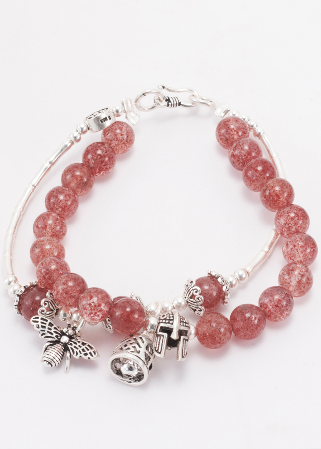 Vòng 2 Line Thạch Anh Dâu Phối Charm Ong Bạc