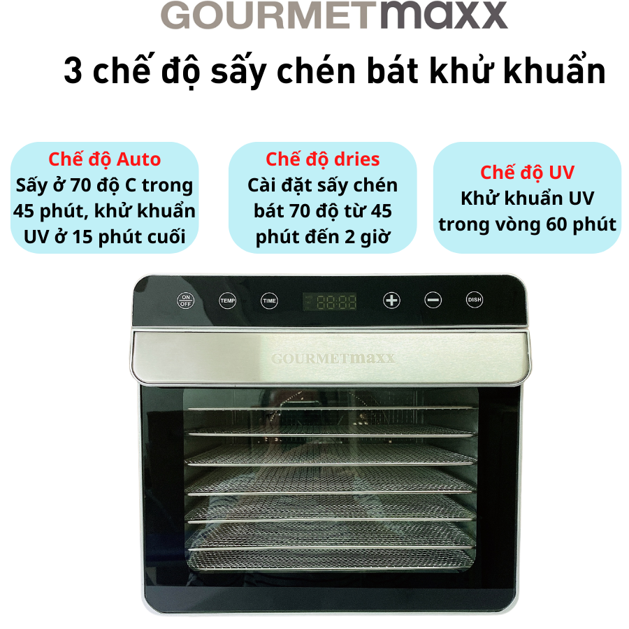 Máy sấy thực phẩm GOURMETMAXX 8 khay - đèn UV diệt khuẩn, thân vỏ 2 lớp - Thương hiệu Đức - Hàng chính hãng