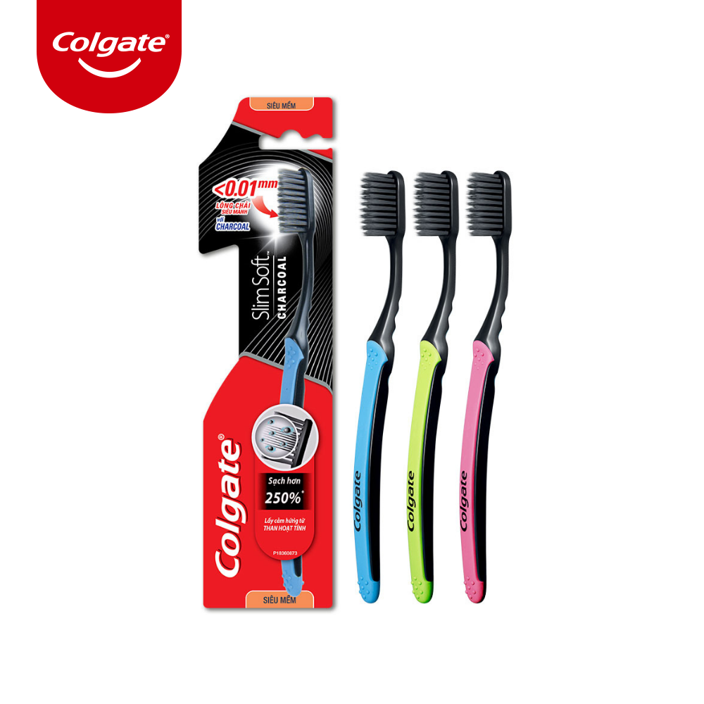 Bộ 4 bàn chải đánh răng Colgate than hoạt tính kháng vi khuẩn SlimSoft Charcoal mềm mảnh (Màu và Bao bì ngẫu nhiên)