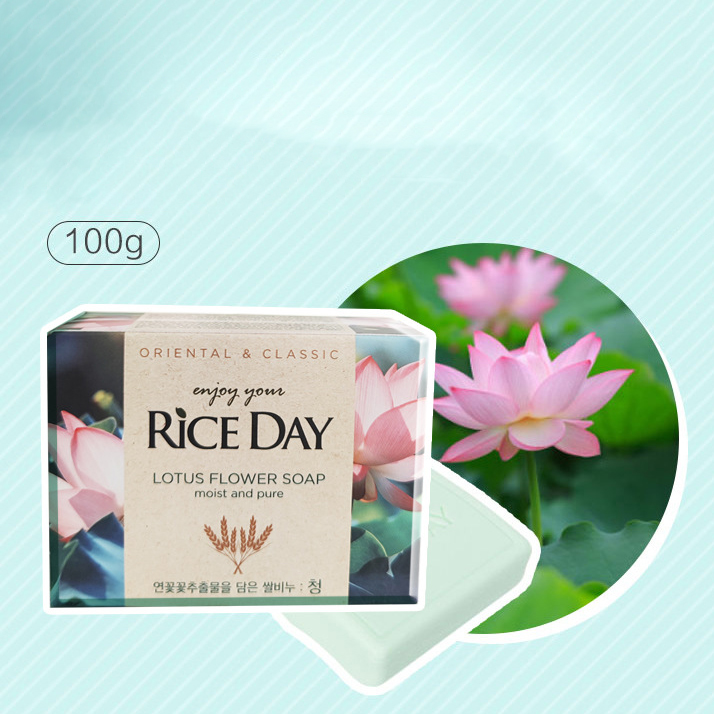 Xà phòng tắm và rửa mặt hương sen Rice Day Soap giúp cải thiện tình trạng mụn hiệu quả Hàn Quốc 100g