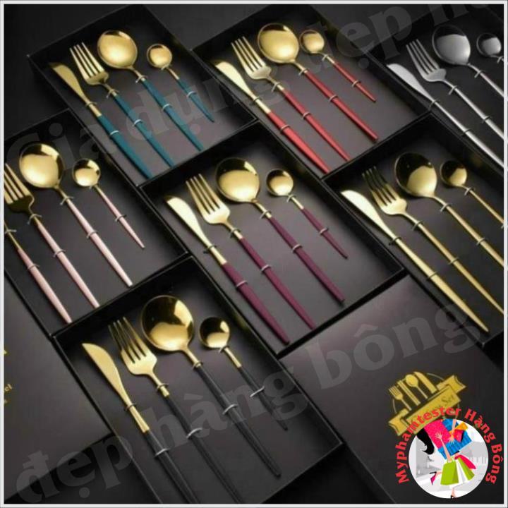 Bộ thìa dĩa inox bạc và inox mạ vàng sang trọng - bán theo set 4 món