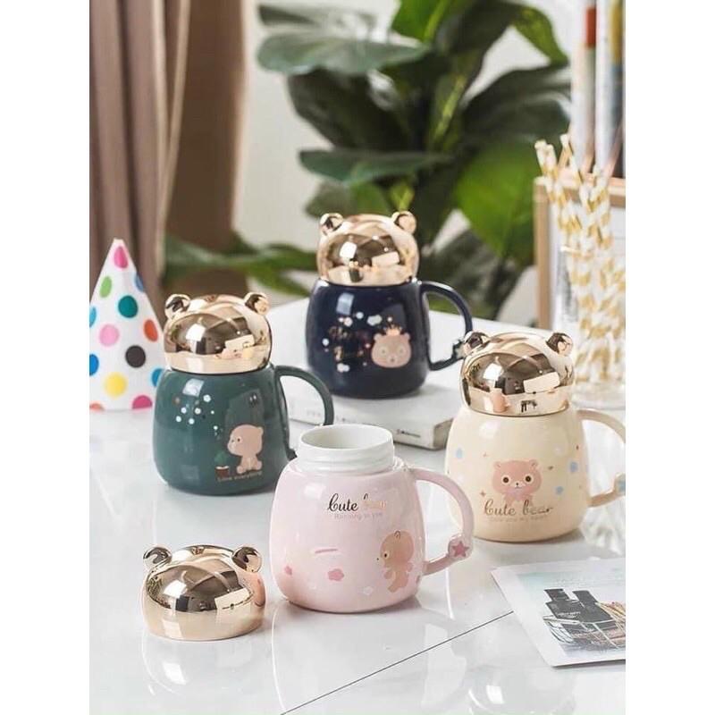 Cốc giữ nhiệt,Cốc sứ uống sữa uống cafe có tay cầm hình gấu siêu dễ thương có nắp đậy tiện dụng