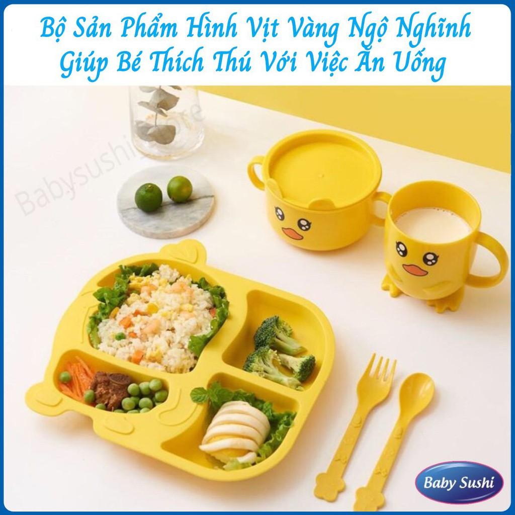 Khay ăn dặm, bộ dụng cụ tập ăn dặm cho bé hình vịt vàng ngộ nghĩnh đáng yêu kích thích bé ăn dặm (Set gồm 5 món