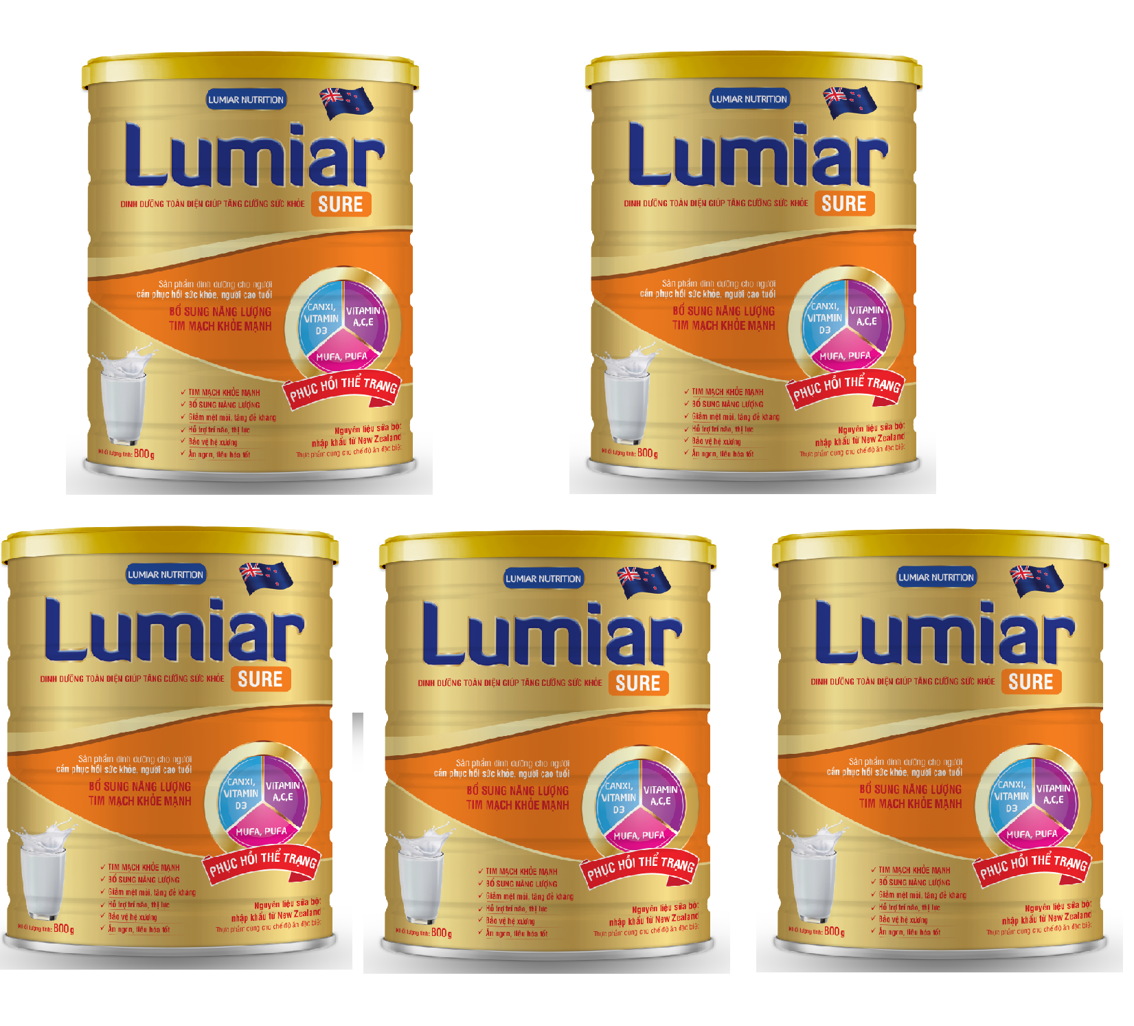 Combo 5 lon Sữa bột Lumiar Sure lon 800g - Dinh dưỡng toàn diện cho người cao tuổi. Dành cho người trưởng thành, ăn uống kém, người bệnh cần phục hồi.