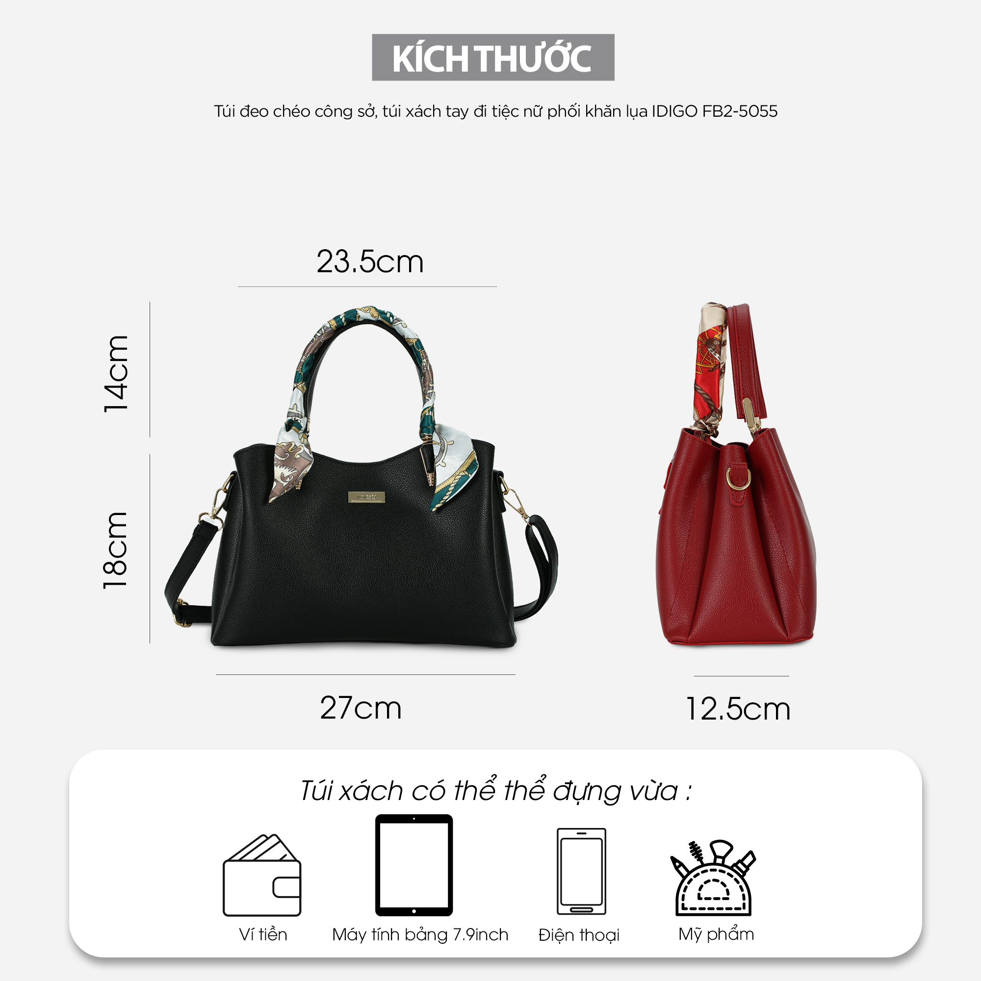 Túi Xách Nữ Công Sở Sang Chảnh IDIGO FB2-5055, Túi Đeo Chéo Thời Trang Phối Khăn Lụa Đi Tiệc Cao Cấp