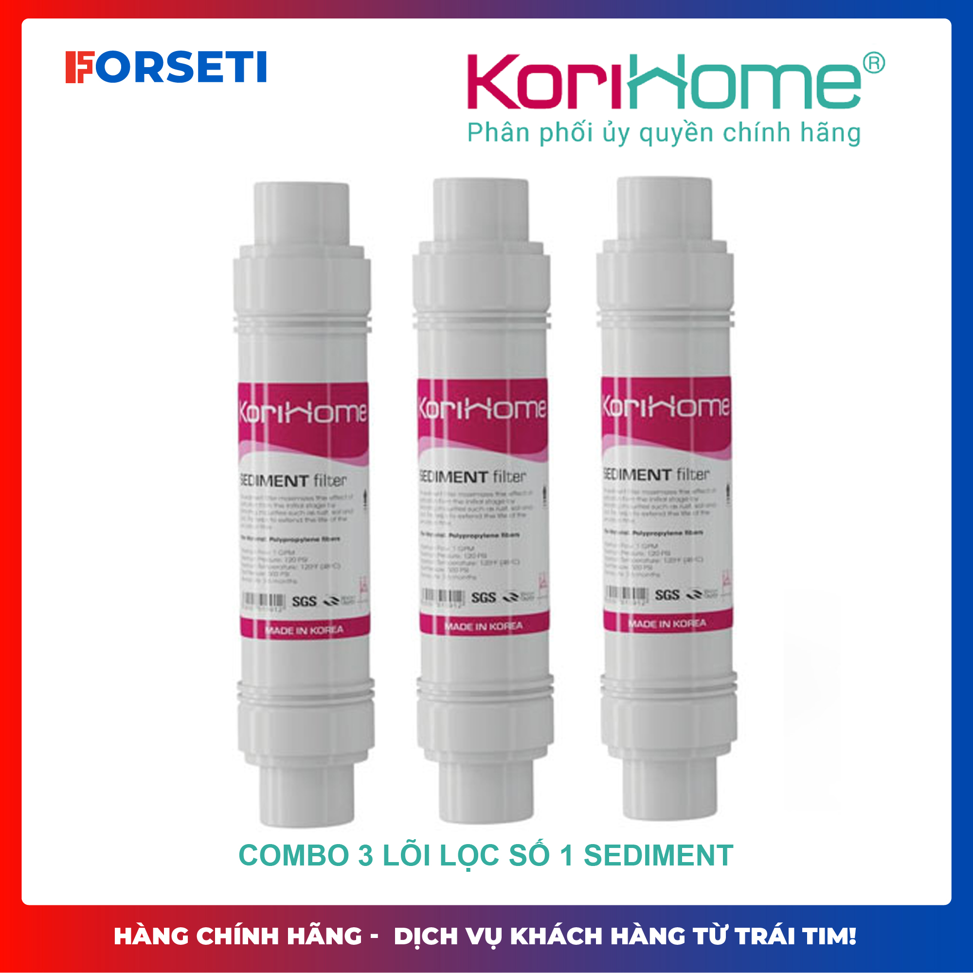 Combo 3 lõi lọc nước Sediment Korihome - Hàng chính hãng Dùng được cho tất cả các dòng máy lọc nước RO hệ lõi cắm nhanh