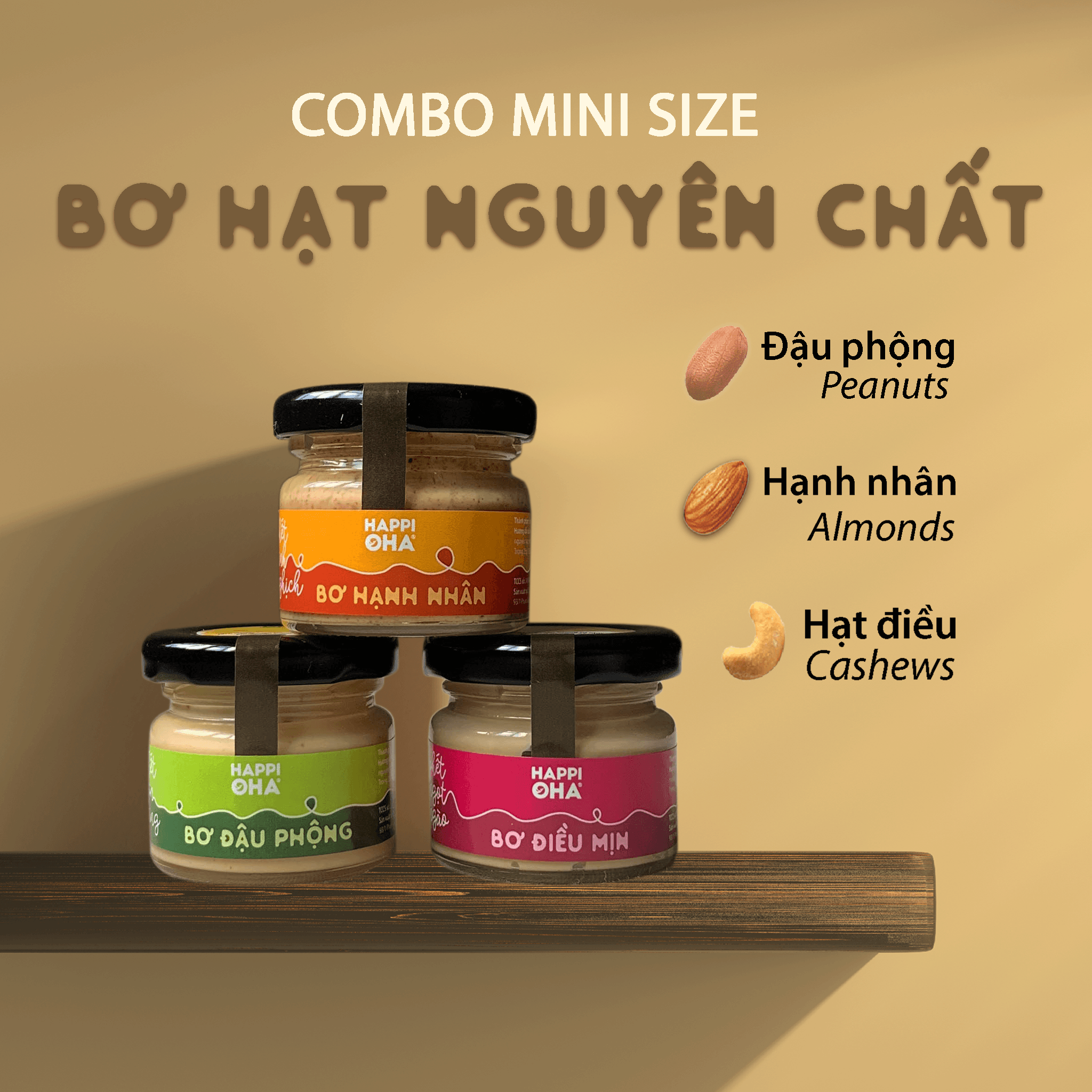 Combo Bơ đậu phộng 25g, Bơ điều mịn 25g, Bơ hạnh nhân 25g tự nhiên không thêm đường