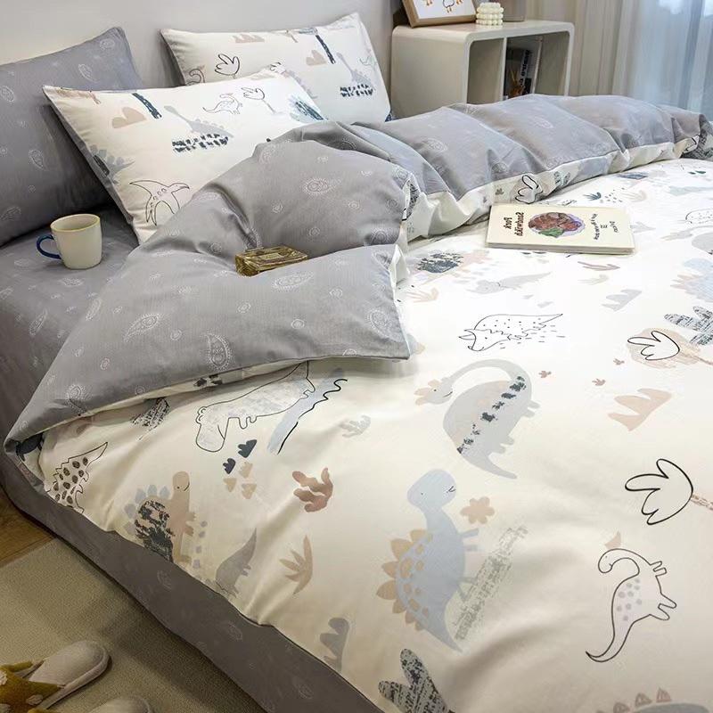 Bộ Chan Ga Gối Cotton Living 100%cotton Hàng Nhập Khẩu Cao Cấp Khủng Long Xanh