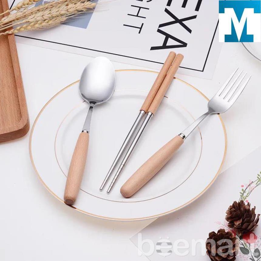 Bộ Thìa Đũa Dĩa Inox Cán Gỗ Sồi Kèm Hộp